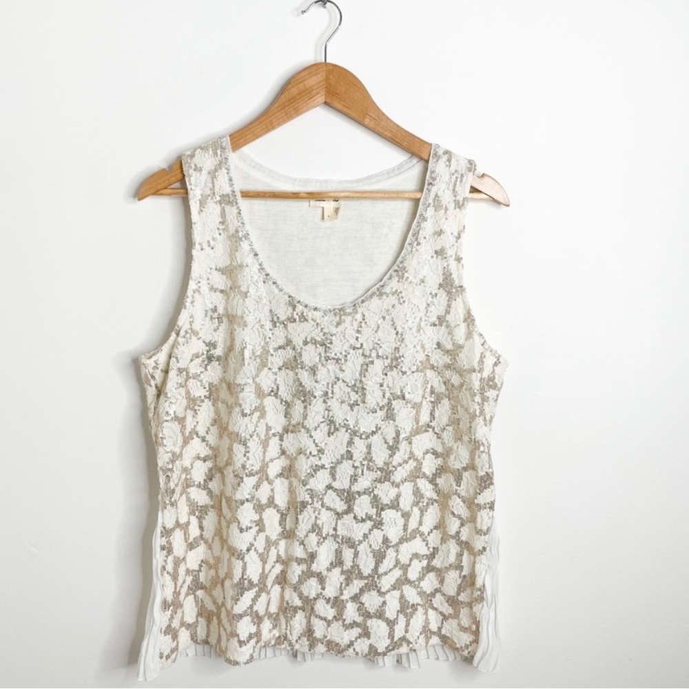 Anthropologie Meadow Rue Cream Sequin Top with Pleated Back size L